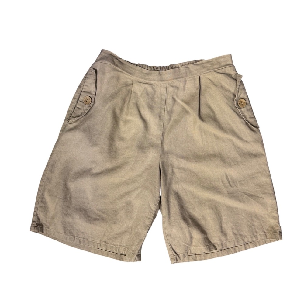 Final Touch Womens Khaki Beige Pleated Bermuda Shorts linen  Waist Made in USA M